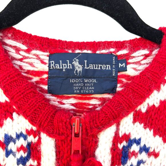 Vintage Ralph Lauren Men’s Hand-Knit Wool Sweater Navajo Red Zip Cardigan Medium - Picture 3 of 8